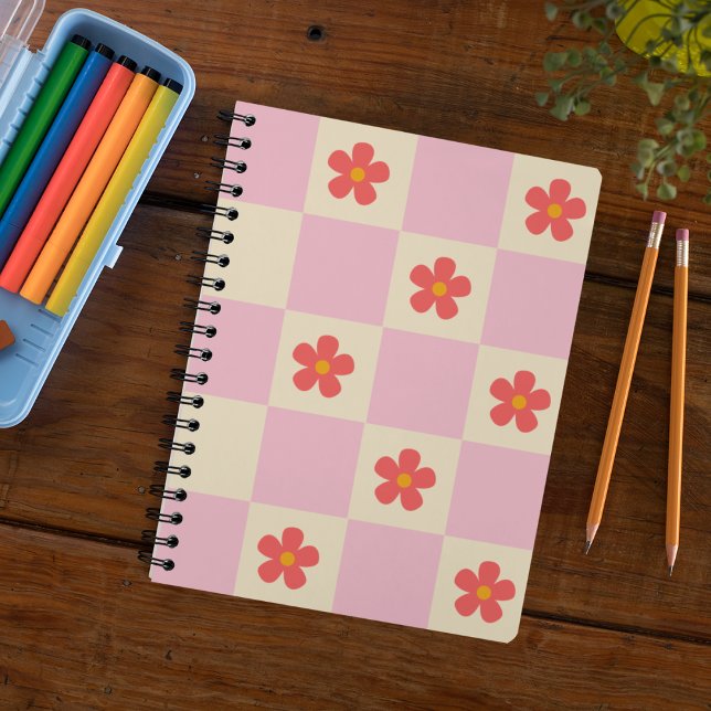 Orange Groovy Daisy Flowers & Pink Checkered Notebook (Creator Uploaded)