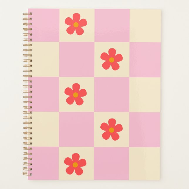 Orange Groovy Daisy Flowers & Pretty Pink Checker  Planner (Front)