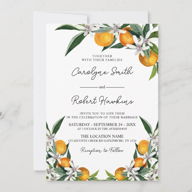 Orange Grove Botanical Citrus Wedding Invitation (Front)