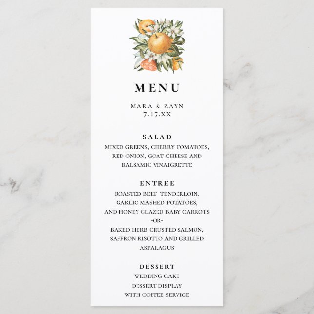 Orange Grove Citrus Botanical Wedding Menu (Front)