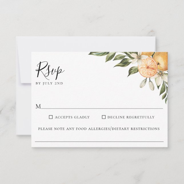 Orange Grove Citrus Wedding Food Allergy RSVP (Front)