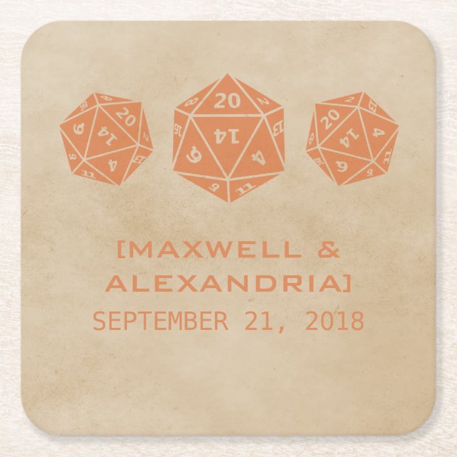 Orange Grunge D20 Dice Gamer Paper Coasters (Front)