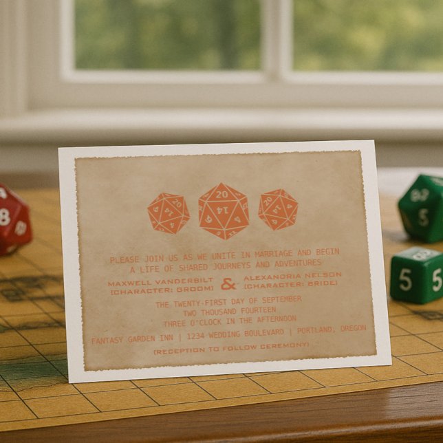 Orange Grunge D20 Dice Gamer Wedding Invitation (Orange Grunge D20 Dice Gamer Wedding Invitation)