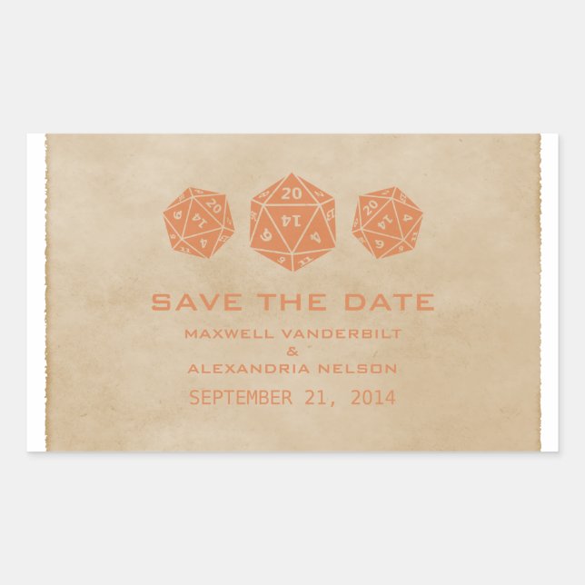 Orange Grunge D20 Dice Save the Date Stickers (Front)