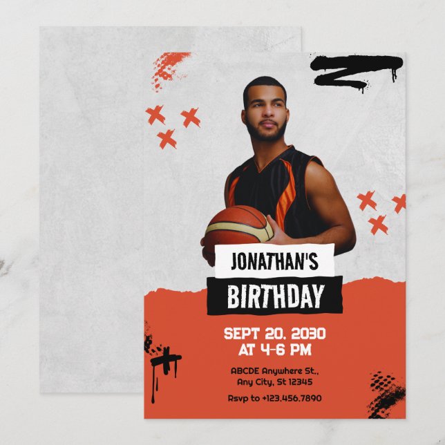 Orange Grunge sport player photo birthday Invitation (Front/Back)