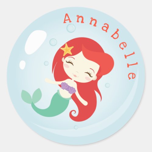 Orange Haired Mermaid Bubble Personalize Classic Round Sticker