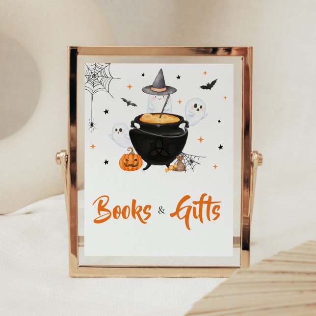 Orange Halloween Baby is Brewing Books and Gifts Poster (Baby is Brewing Baby Shower Books and Gift Sign)