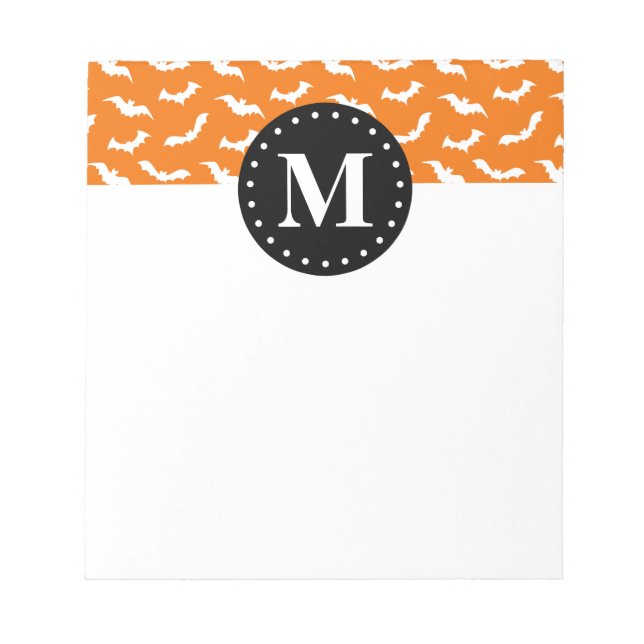 Orange Halloween Bat Pattern Black Monogram Notepad (Front)