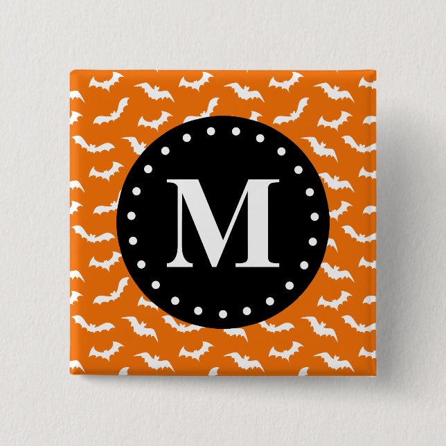 Orange Halloween Bat Pattern Black Monogram Pinback Button (Front)
