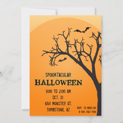 Orange Halloween Bat Social Fun Scary Tree Invitation