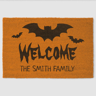 Orange Halloween coir doormat with black bats Fiber Doormat