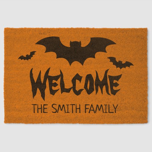 Orange Halloween coir doormat with black bats Fiber Doormat
