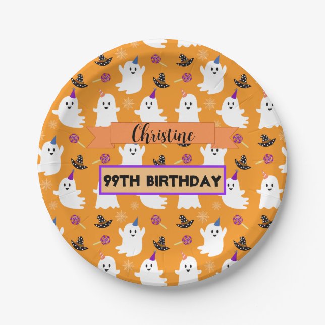 Orange Halloween Ghost Birthday Party Custom Cute Paper Plates (Front)