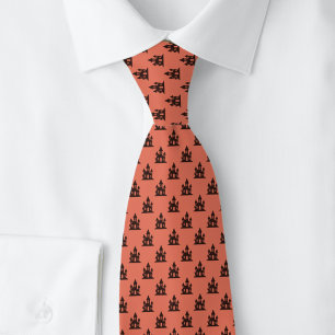 Orange Halloween Haunted House Neck Tie
