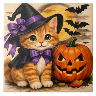 Orange Halloween Kitten with Pumpkin Ceramic Tile