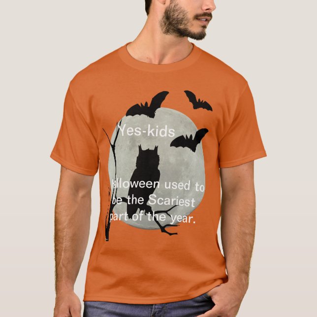 Orange Halloween Owl & Bats T-Shirt (Front)