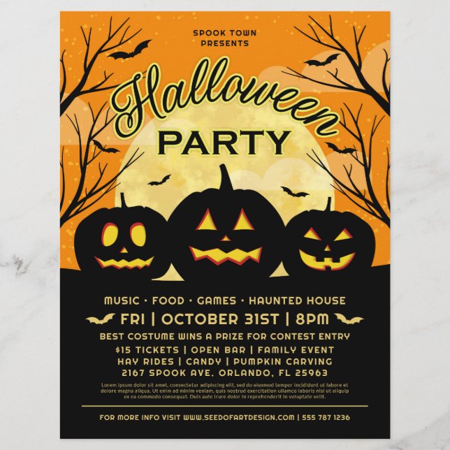 Orange Halloween Party Black Pumpkins Event Flyer (Front)