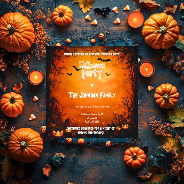Orange Halloween Party with Pumpkins and Bats Invitation (Creator Uploaded)
