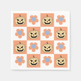 Orange Halloween Pumpkin and Daisy Checkerboard Napkins