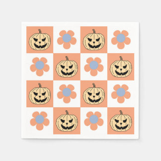 Orange Halloween Pumpkin and Daisy Checkerboard Napkins