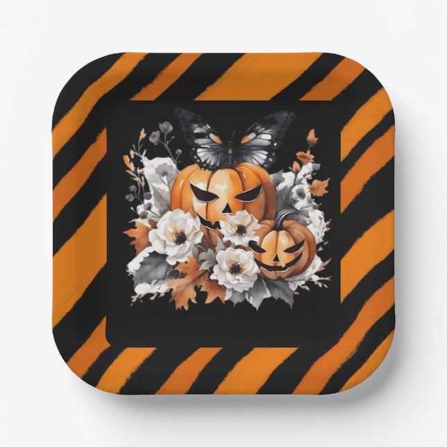 Orange Halloween Pumpkin Floral Paper Plates (Front)