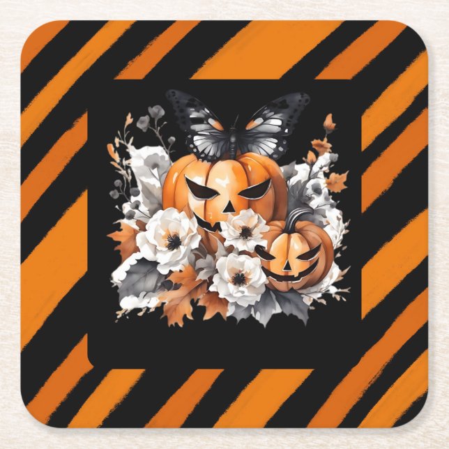 Orange Halloween Pumpkin Floral Square Paper Coaster (Front)