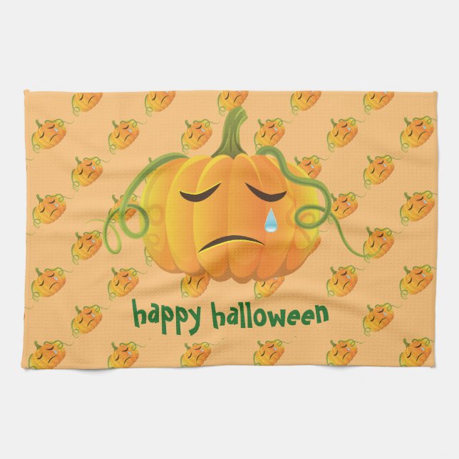 Orange Halloween Pumpkin Sad Seamless Pattern Towel (Horizontal)