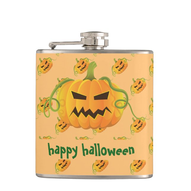 Orange Halloween Pumpkin Seamless Pattern Flask (Front)