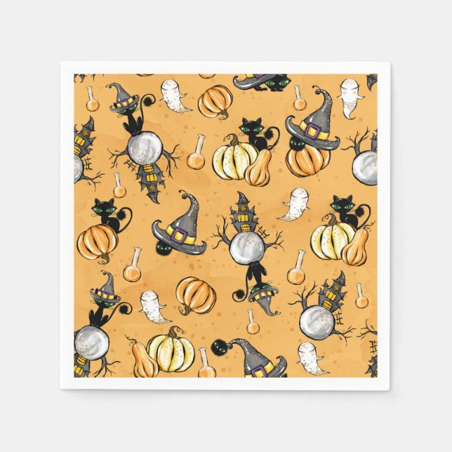 ORANGE HALLOWEEN PUMPKINS AND BLACK CATS NAPKINS (Front)