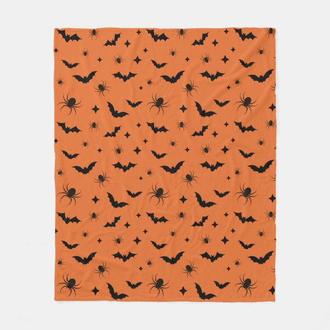 Orange Halloween Scary Bats and Spiders Pattern Fleece Blanket (Front)