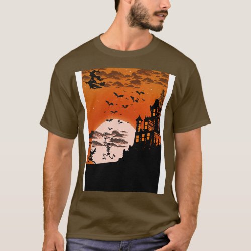 Orange Halloween Silhouette Illustration T_Shirt