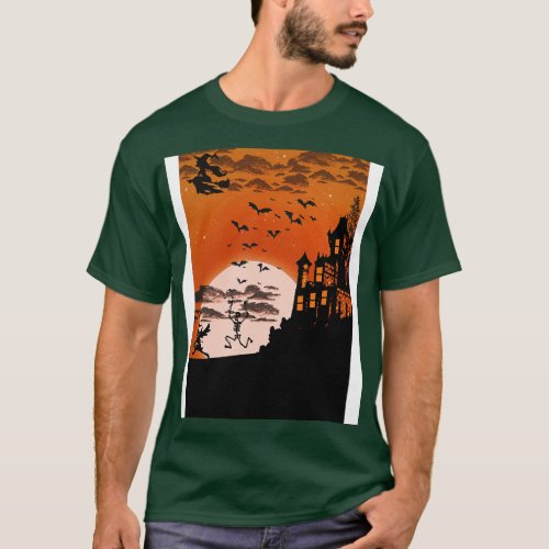 Orange Halloween Silhouette Illustration T_Shirt