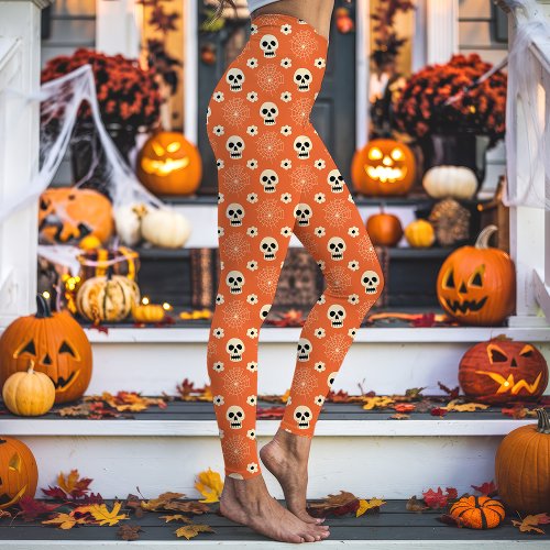 Orange Halloween Skulls And Flowers Pattern Leggings