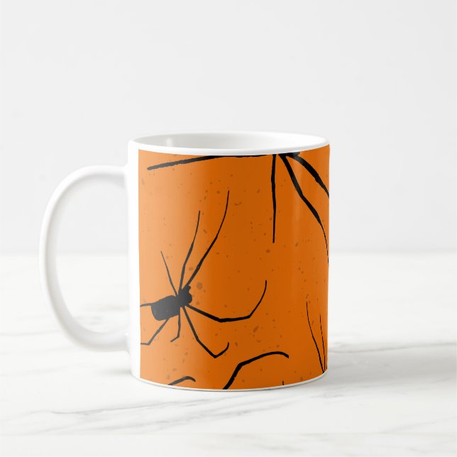 Orange Halloween Spiders Pattern, Black Spider Coffee Mug (Left)
