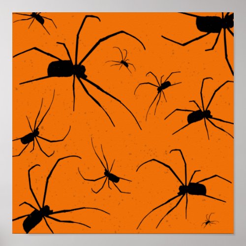 Orange Halloween Spiders Pattern Black Spider Poster