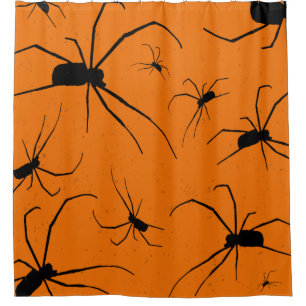 Orange Halloween Spiders Pattern, Black Spider Shower Curtain