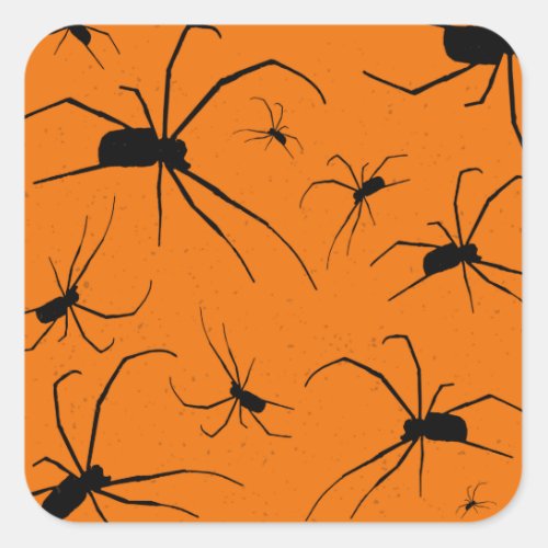 Orange Halloween Spiders Pattern Black Spider Square Sticker