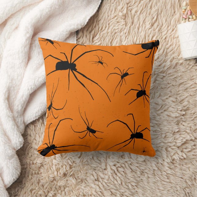 Orange Halloween Spiders Pattern, Black Spider Throw Pillow (Blanket)