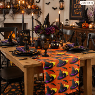 Orange Halloween Witch Hat Pattern Table Runner