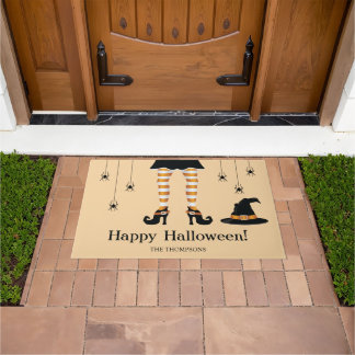 Orange Halloween Witch Legs And Spiders With Name Doormat
