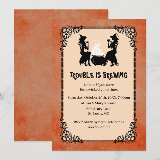 Orange Halloween Witch Trouble Is Brewing Party Invitation (Front/Back)
