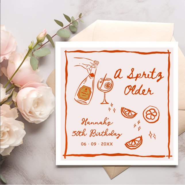 Orange Hand Drawn A Spritz Older Birthday Party Napkins (Creator Uploaded)
