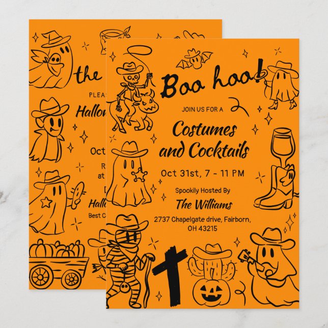 Orange Hand Drawn Cowboy Theme Halloween Party  Invitation (Front/Back)
