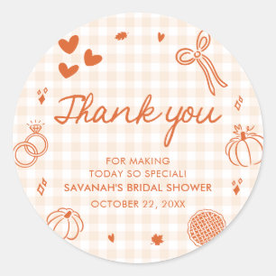 Orange Hand Drawn Fall in Love Bridal Shower Classic Round Sticker