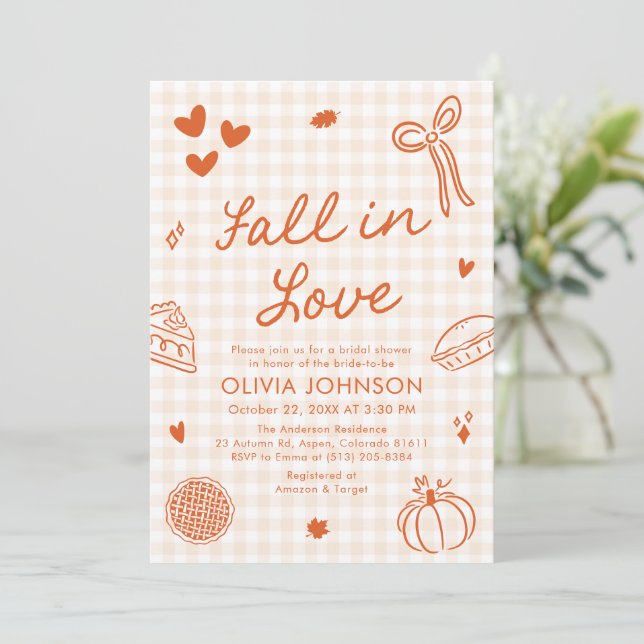 Orange Hand Drawn Fall in Love Bridal Shower Invitation (Standing Front)
