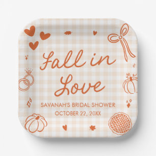 Orange Hand Drawn Fall in Love Bridal Shower Paper Plates