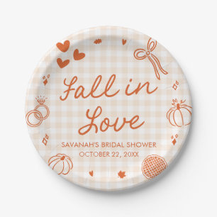 Orange Hand Drawn Fall in Love Bridal Shower Paper Plates