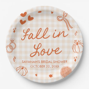Orange Hand Drawn Fall in Love Bridal Shower Paper Plates