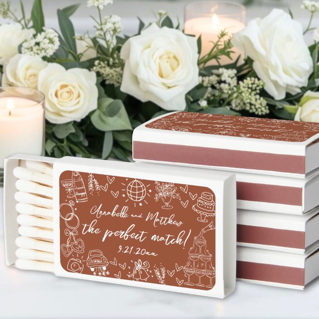 Orange Hand Drawn Perfect Match Wedding Matches (Perfect Match Hand Drawn Orange Wedding Matches )