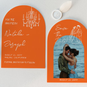 Orange Hand Drawn Summer Wedding Photo Arched Save The Date